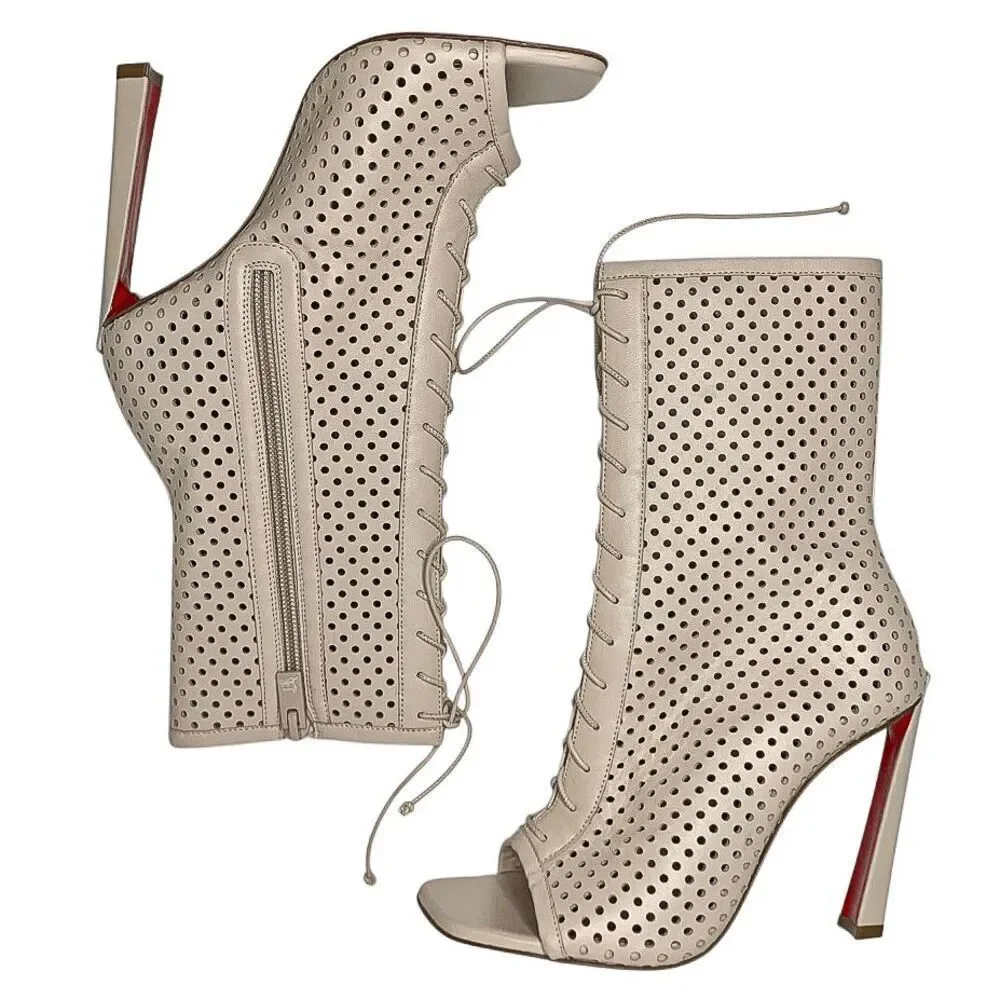 Christian Louboutin Open Condora Booty 100 Leche Leather Lace-Up Heel Boots 36.5